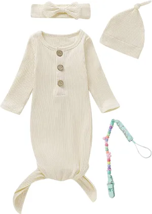 Newborn Cotton Nightgowns Neutral Baby Knotted Sleeper Baby Coming Home Outfit