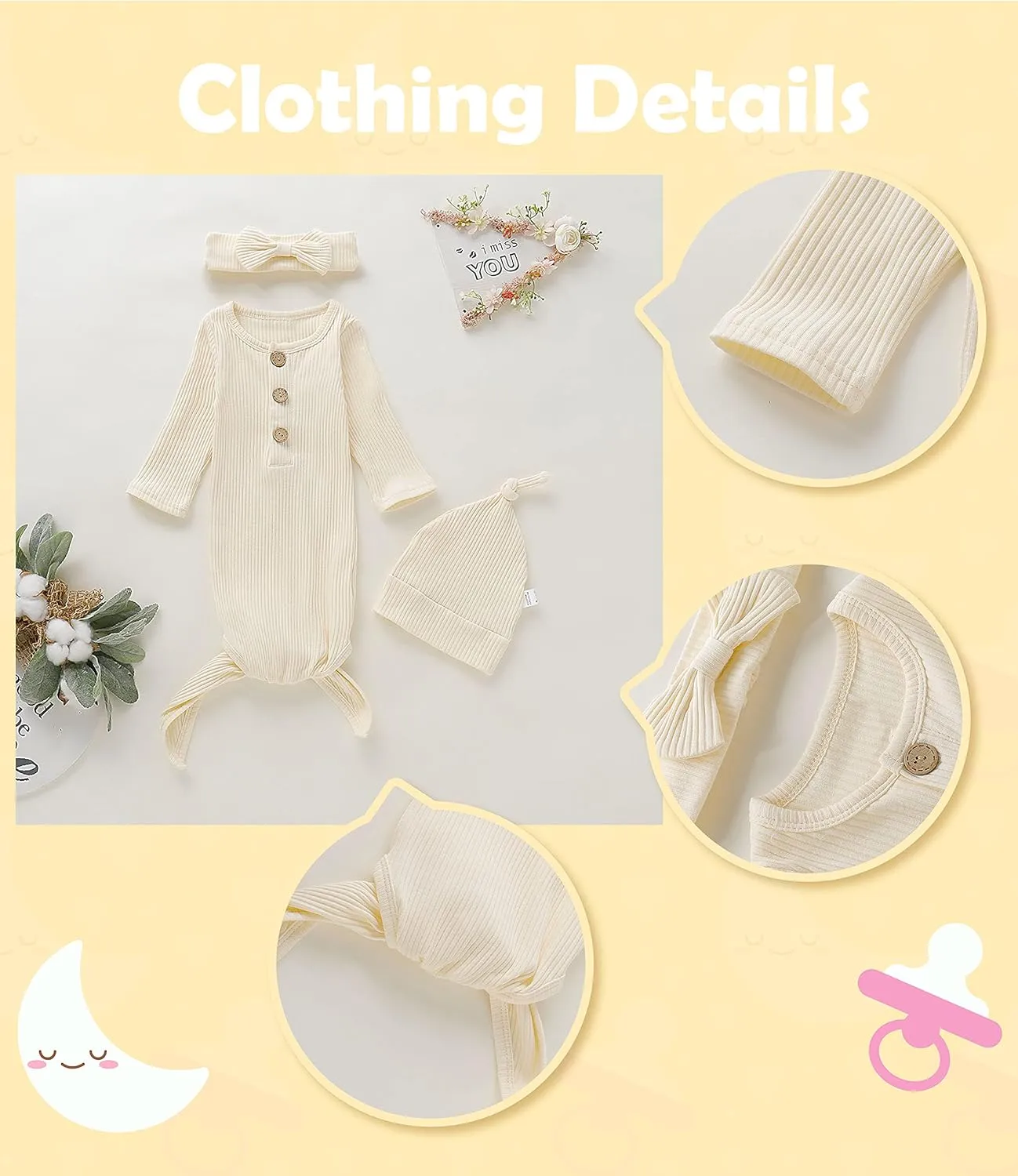 Newborn Cotton Nightgowns Neutral Baby Knotted Sleeper Baby Coming Home Outfit