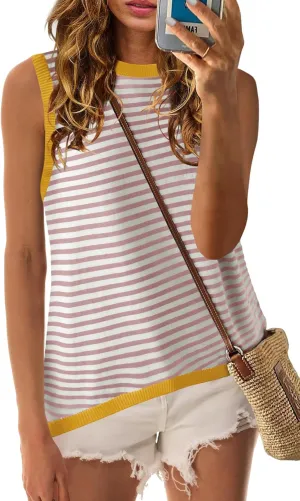 Nirovien Womens Striped Tank Tops Oversized Crewneck Sleeveless Shirts Casual Loose Fit Summer Tops