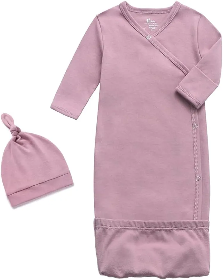 O2 BABY 100% Organic Cotton Kimono Gown with Mittens & Fold-Over Pouch