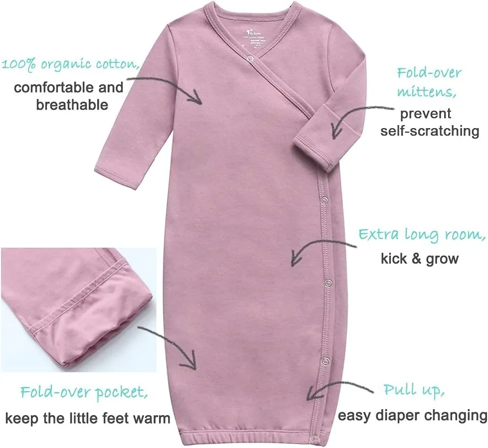 O2 BABY 100% Organic Cotton Kimono Gown with Mittens & Fold-Over Pouch