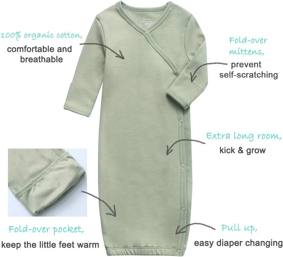 O2 BABY 100% Organic Cotton Kimono Gown with Mittens & Fold-Over Pouch
