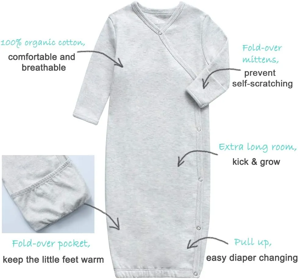 O2 BABY 100% Organic Cotton Kimono Gown with Mittens & Fold-Over Pouch
