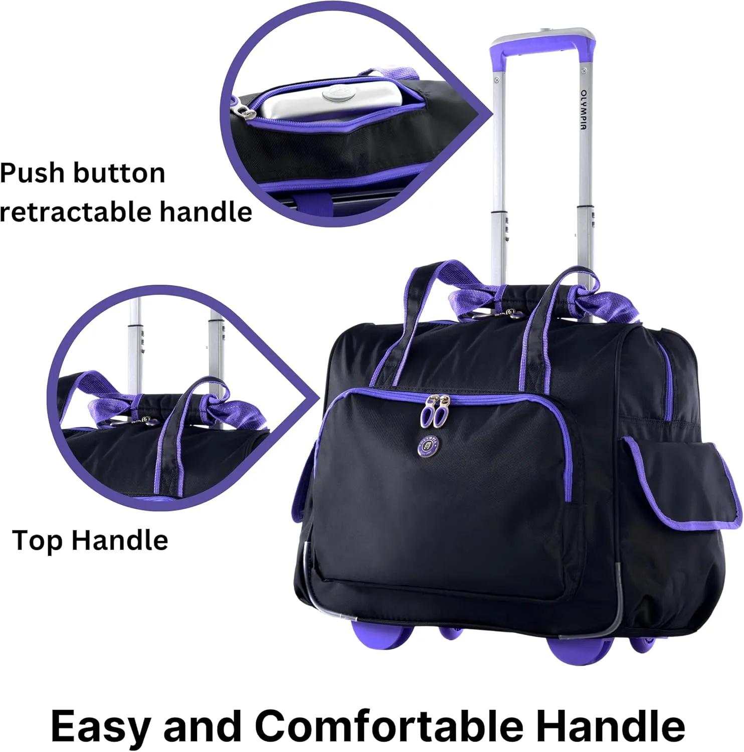 Olympia U.S.A. Deluxe Lightweight Rolling Overnighter Case Overnight Laptop Bag Weekender Travel Carry-On Suitcase Luggage with Wheels and Adjustable Push-Down Handle