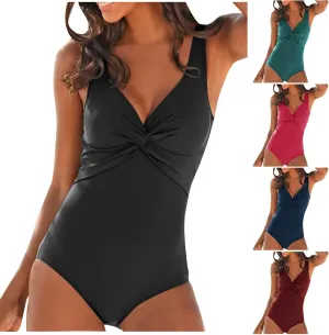 One Piece Swimsuit Womens Twist Front V Neck Tummy Control Bathing Suits Sexy Backless Solid Monokini Swimwear