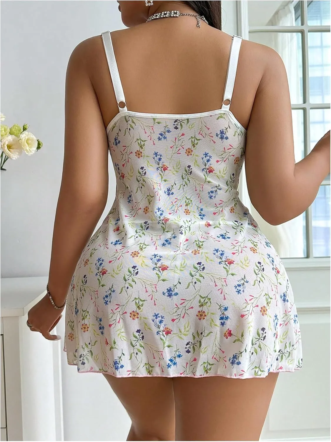OYOANGLE Women's Plus Size 2 Piece Lingerie Set Sheer Lace Floral V Neck Split Babydoll Chemises with Thongs