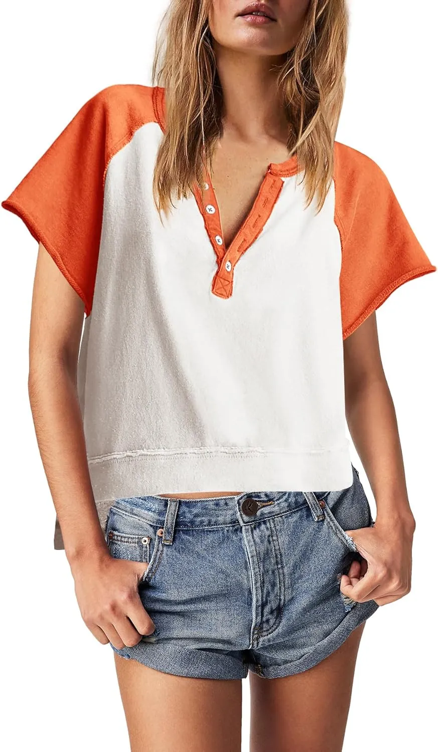 Panadila Womens Color Block Short Sleeve Tops Oversized Tshirts Summer Raglan Shirt Casual Crop Cute Tops