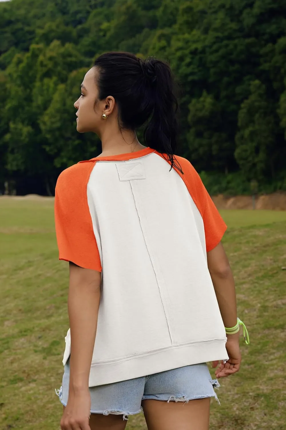 Panadila Womens Color Block Short Sleeve Tops Oversized Tshirts Summer Raglan Shirt Casual Crop Cute Tops