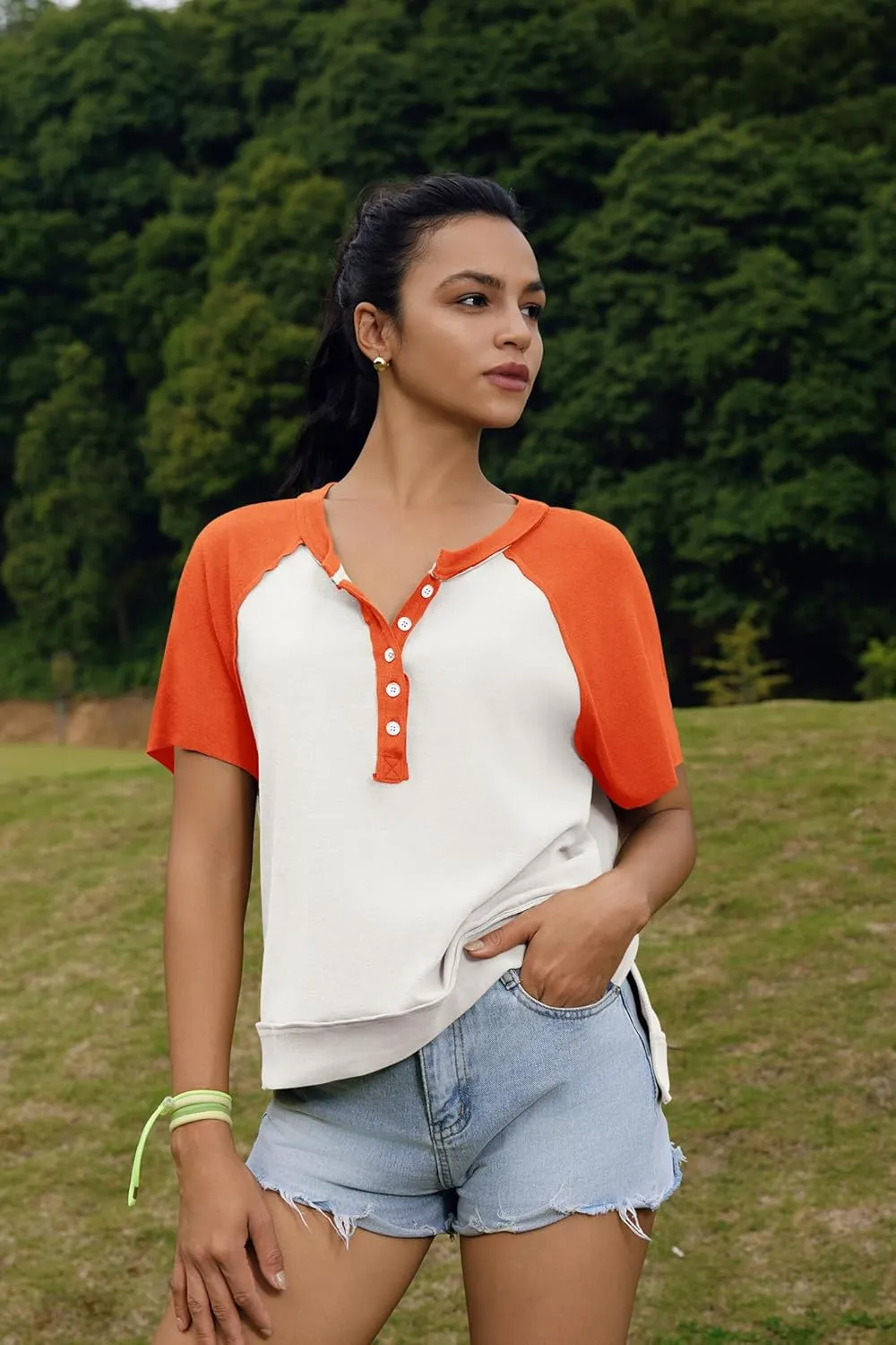 Panadila Womens Color Block Short Sleeve Tops Oversized Tshirts Summer Raglan Shirt Casual Crop Cute Tops