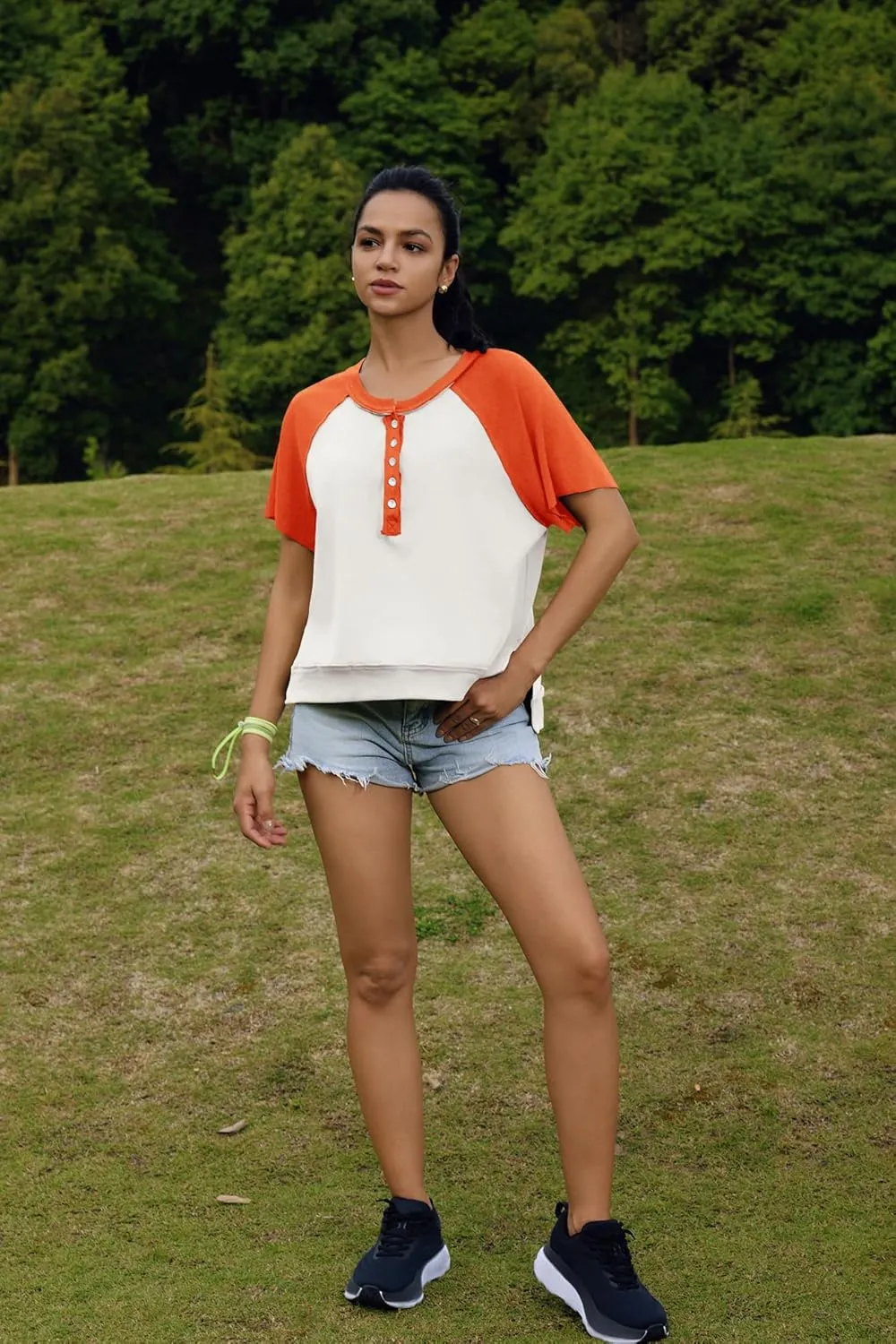 Panadila Womens Color Block Short Sleeve Tops Oversized Tshirts Summer Raglan Shirt Casual Crop Cute Tops