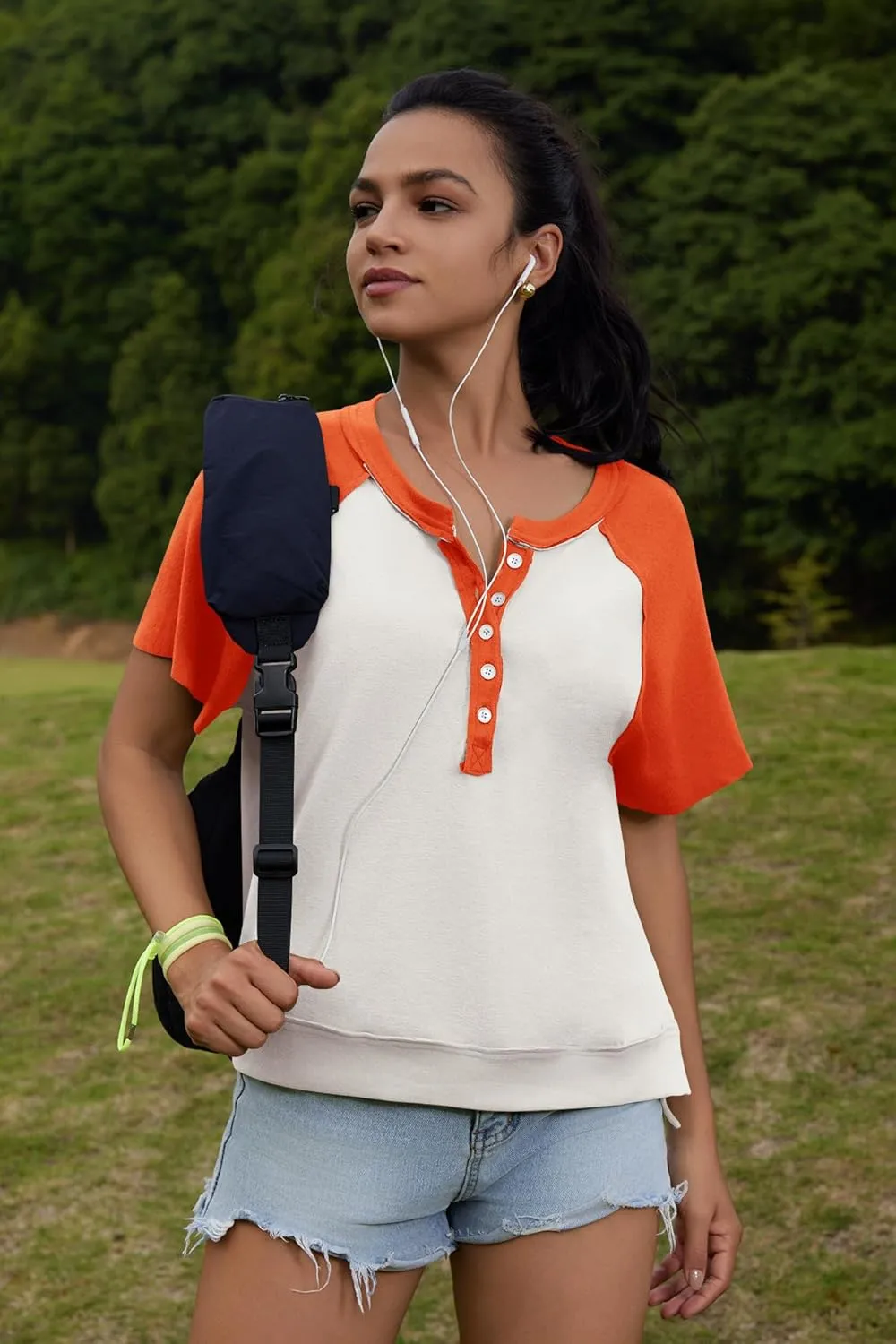 Panadila Womens Color Block Short Sleeve Tops Oversized Tshirts Summer Raglan Shirt Casual Crop Cute Tops