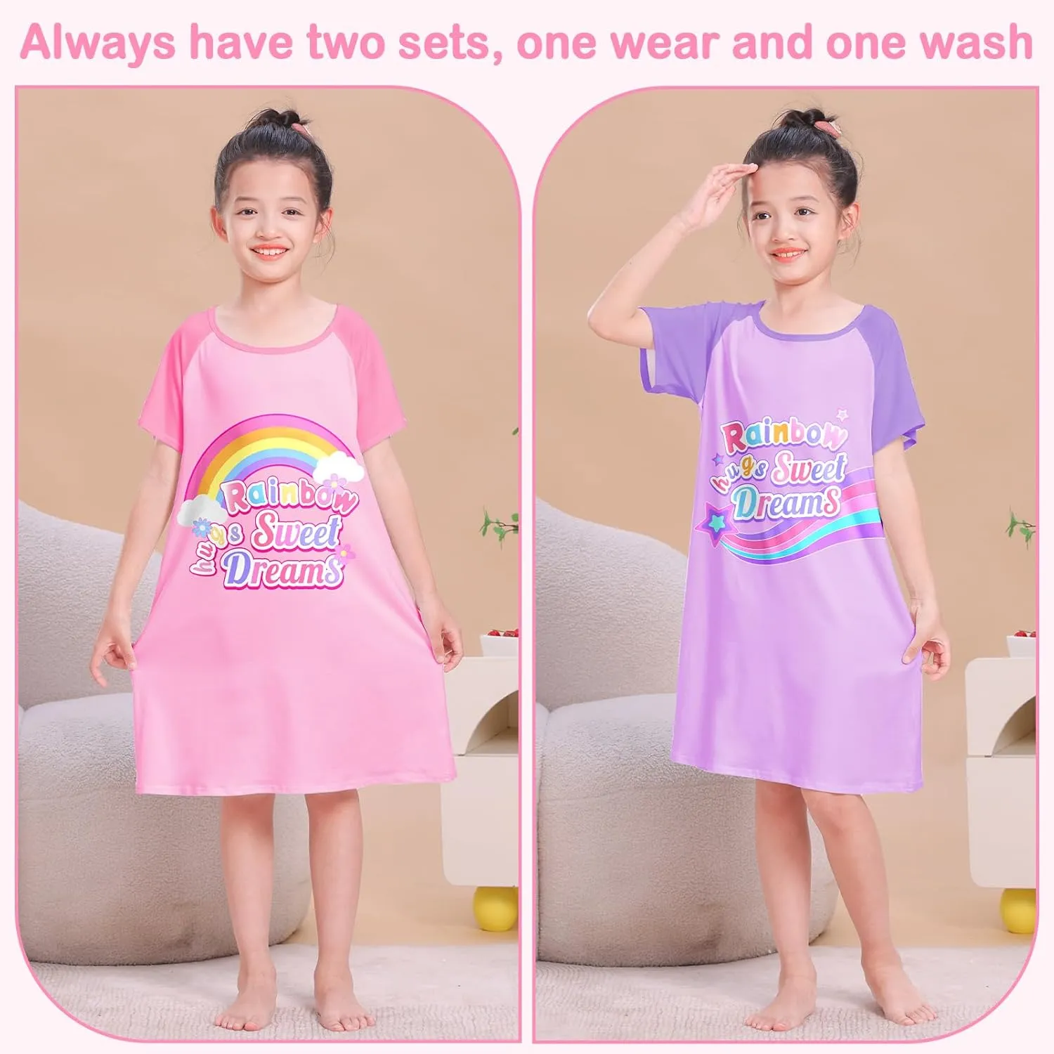 Play Tailor 2Pcs Girls Nightgowns Kids Pajamas Princess Nightgown Dress Sleepwear for Toddler Little Girls