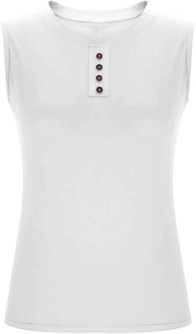 Plus Size Tank Tops for Women Solid Basic Sleeveless Crew Neck Button T-Shirt Casual Loose Fit Yoga Workout Blouse