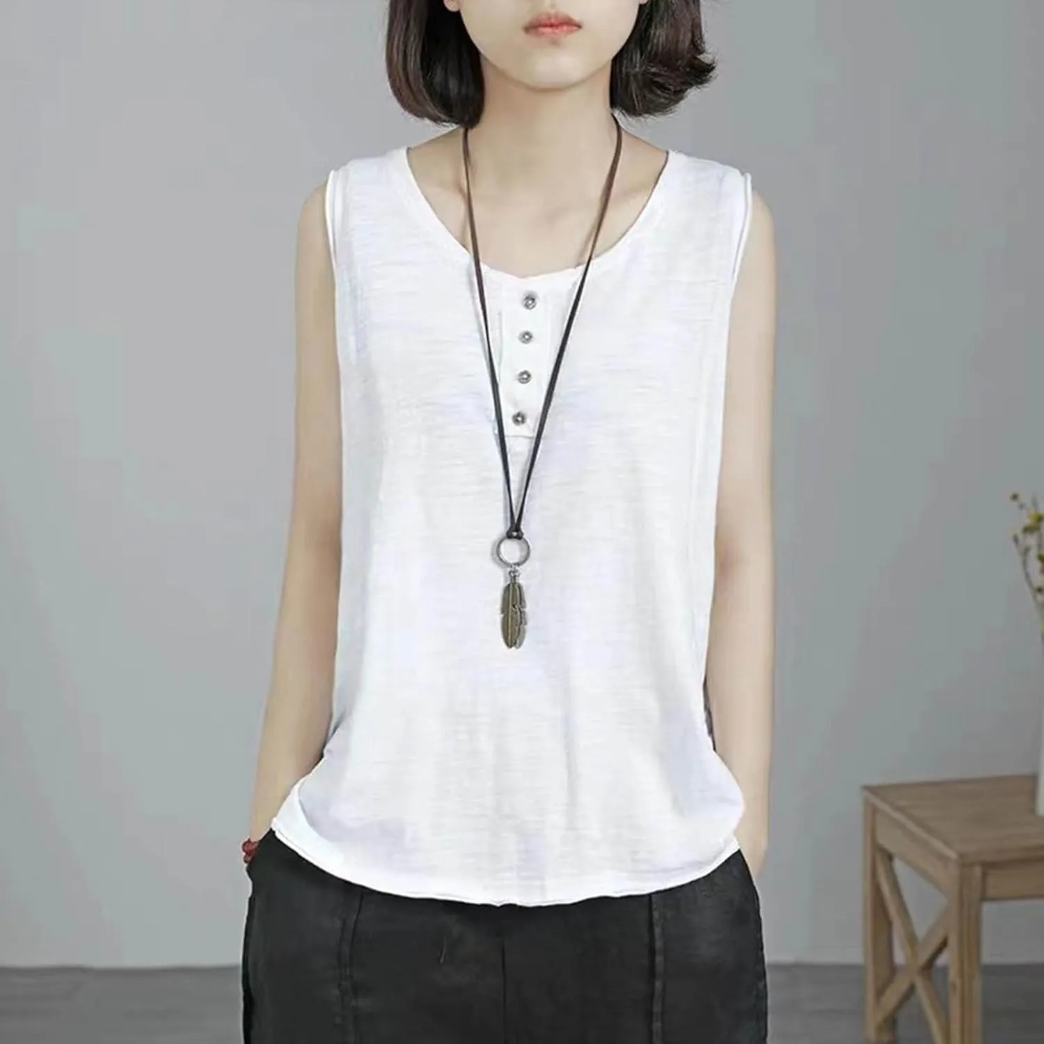 Plus Size Tank Tops for Women Solid Basic Sleeveless Crew Neck Button T-Shirt Casual Loose Fit Yoga Workout Blouse