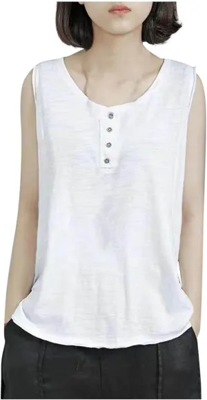 Plus Size Tank Tops for Women Solid Basic Sleeveless Crew Neck Button T-Shirt Casual Loose Fit Yoga Workout Blouse