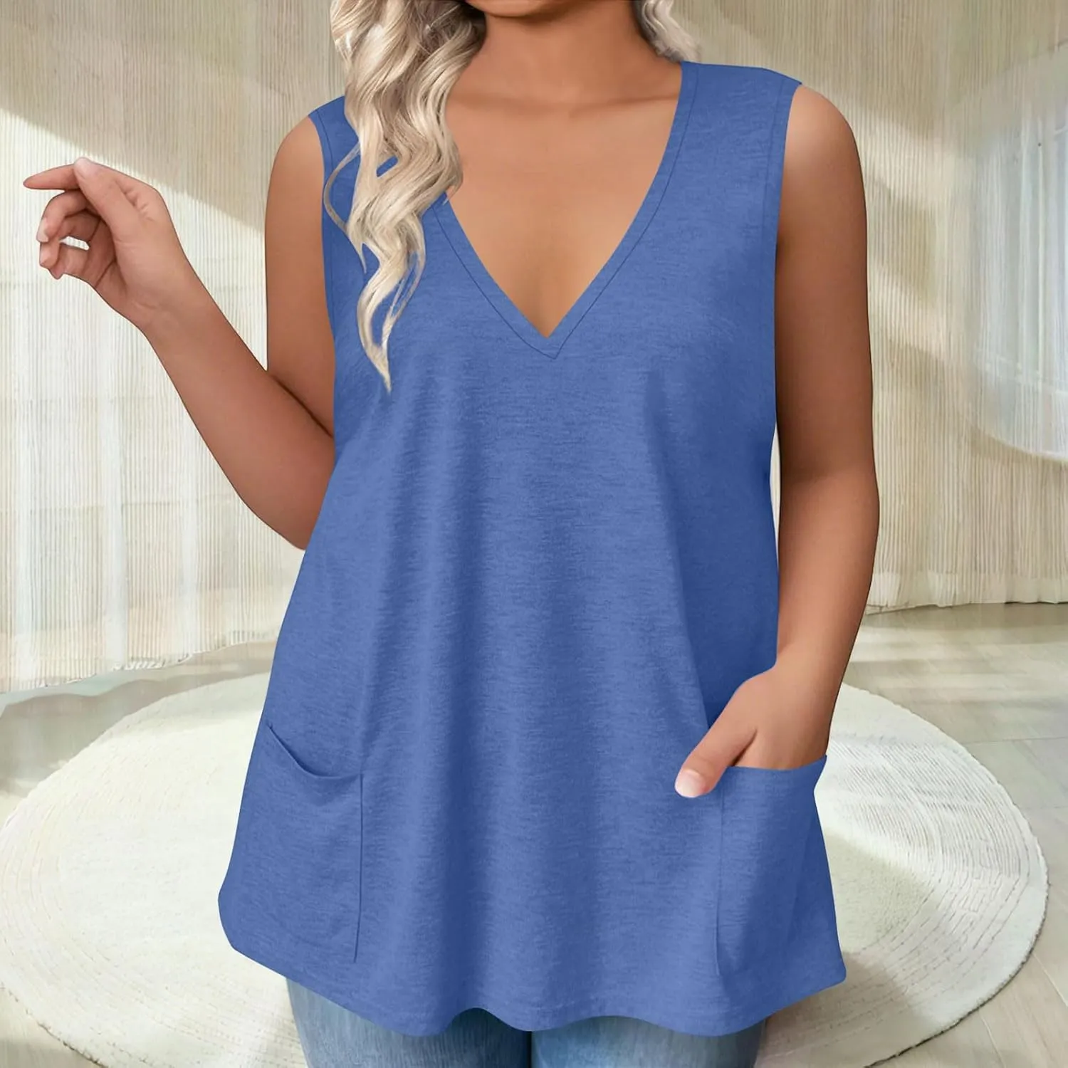 Plus Size Tank Tops for Women Summer Sexy V Neck Sleeveless T-Shirts Casual Loose Basic Tees Shirts with Pockets