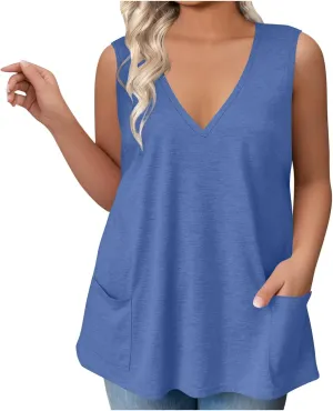 Plus Size Tank Tops for Women Summer Sexy V Neck Sleeveless T-Shirts Casual Loose Basic Tees Shirts with Pockets
