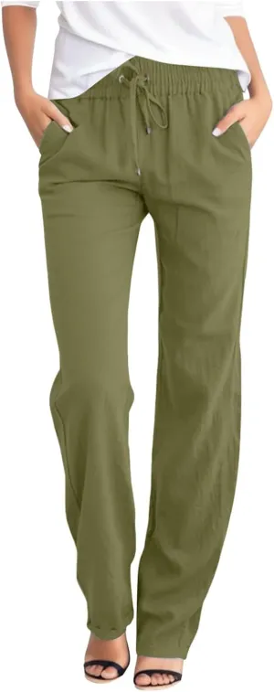 Plus Size Womens Pants Linen Drawstring Casual Summer Pants Woman Relax Fit Comfortable Beach Trousers with Pockets