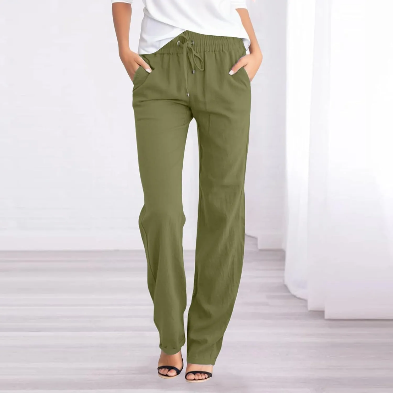 Plus Size Womens Pants Linen Drawstring Casual Summer Pants Woman Relax Fit Comfortable Beach Trousers with Pockets