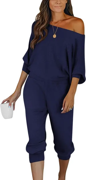 PRETTYGARDEN Women's 2 Piece Ribbed Tracksuit Outfits Off Shoulder Long Sleeve Pullover Lounge Pants with Pockets
