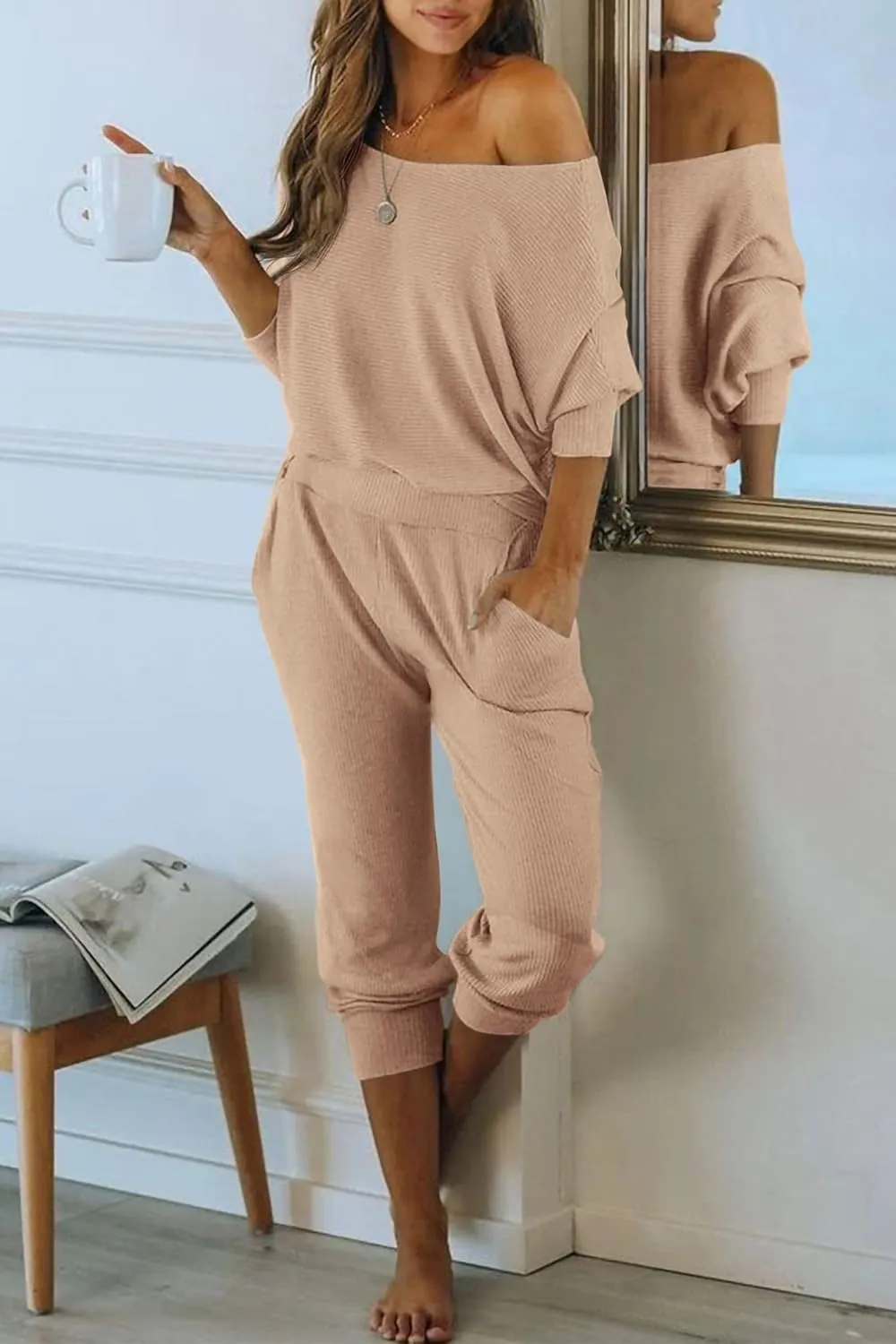 PRETTYGARDEN Women's 2 Piece Ribbed Tracksuit Outfits Off Shoulder Long Sleeve Pullover Lounge Pants with Pockets