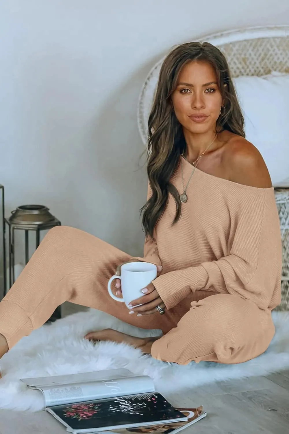 PRETTYGARDEN Women's 2 Piece Ribbed Tracksuit Outfits Off Shoulder Long Sleeve Pullover Lounge Pants with Pockets