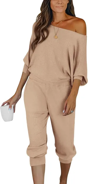 PRETTYGARDEN Women's 2 Piece Ribbed Tracksuit Outfits Off Shoulder Long Sleeve Pullover Lounge Pants with Pockets