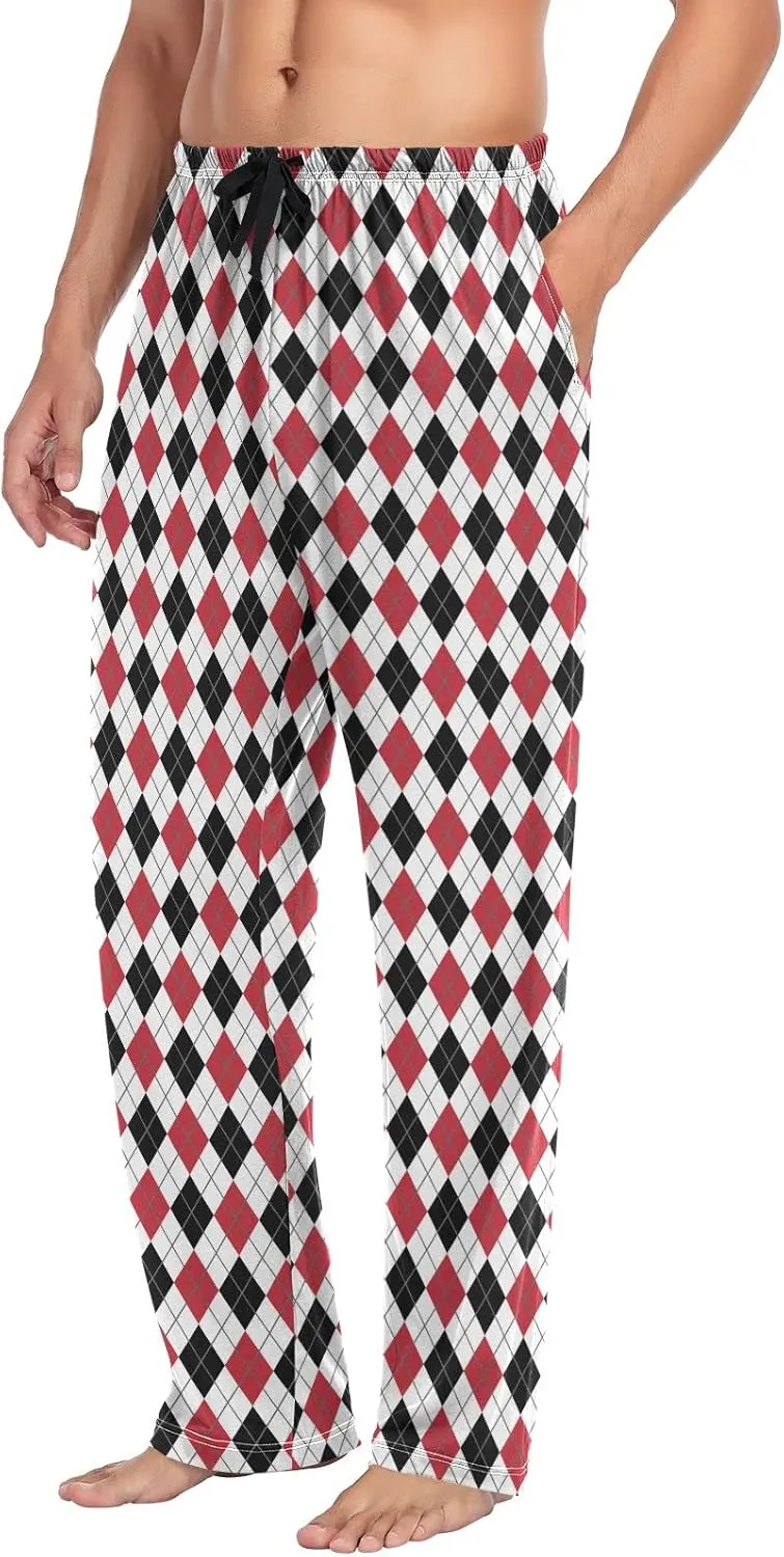 Red White And Black Argyle Tartan Men's Pajama Pants Sleepwear Lounge Pajama Bottoms
