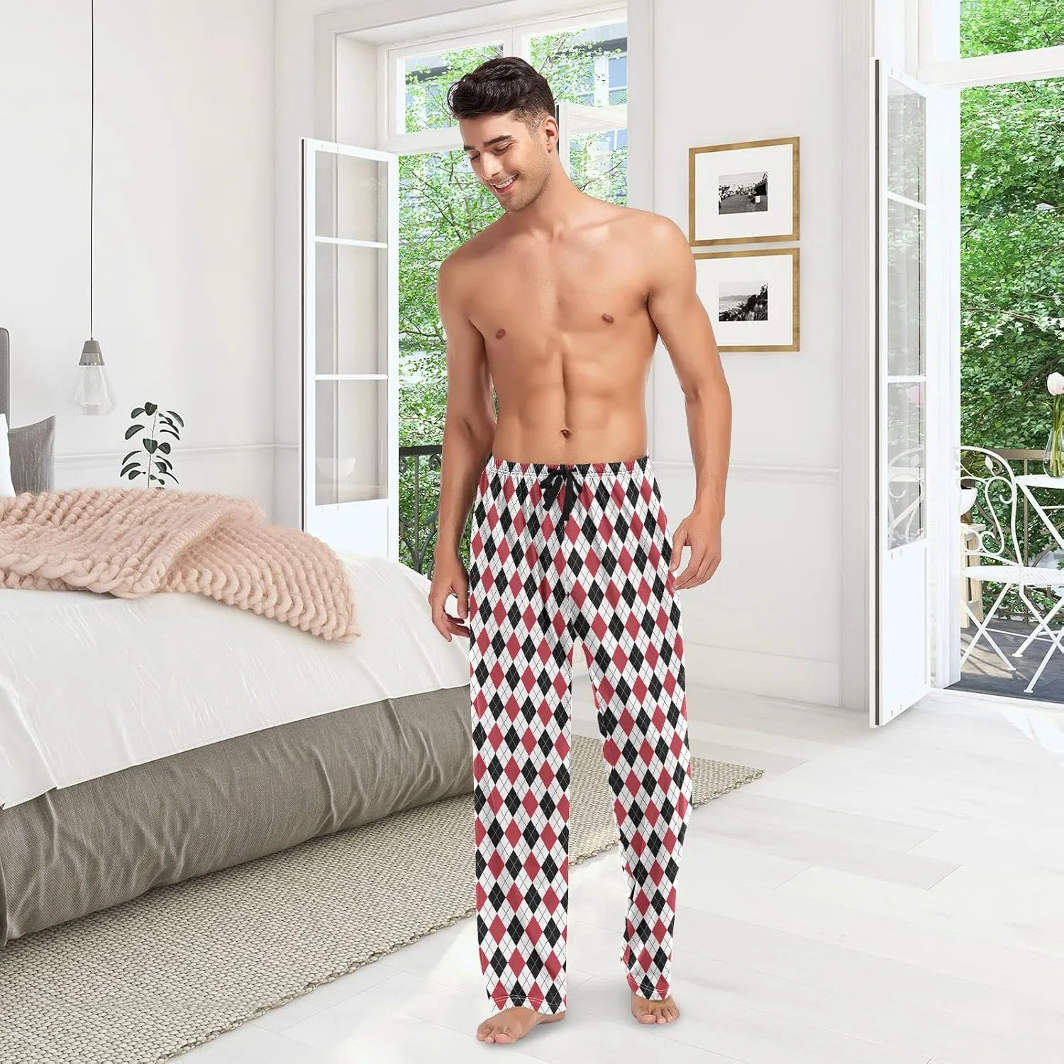 Red White And Black Argyle Tartan Men's Pajama Pants Sleepwear Lounge Pajama Bottoms
