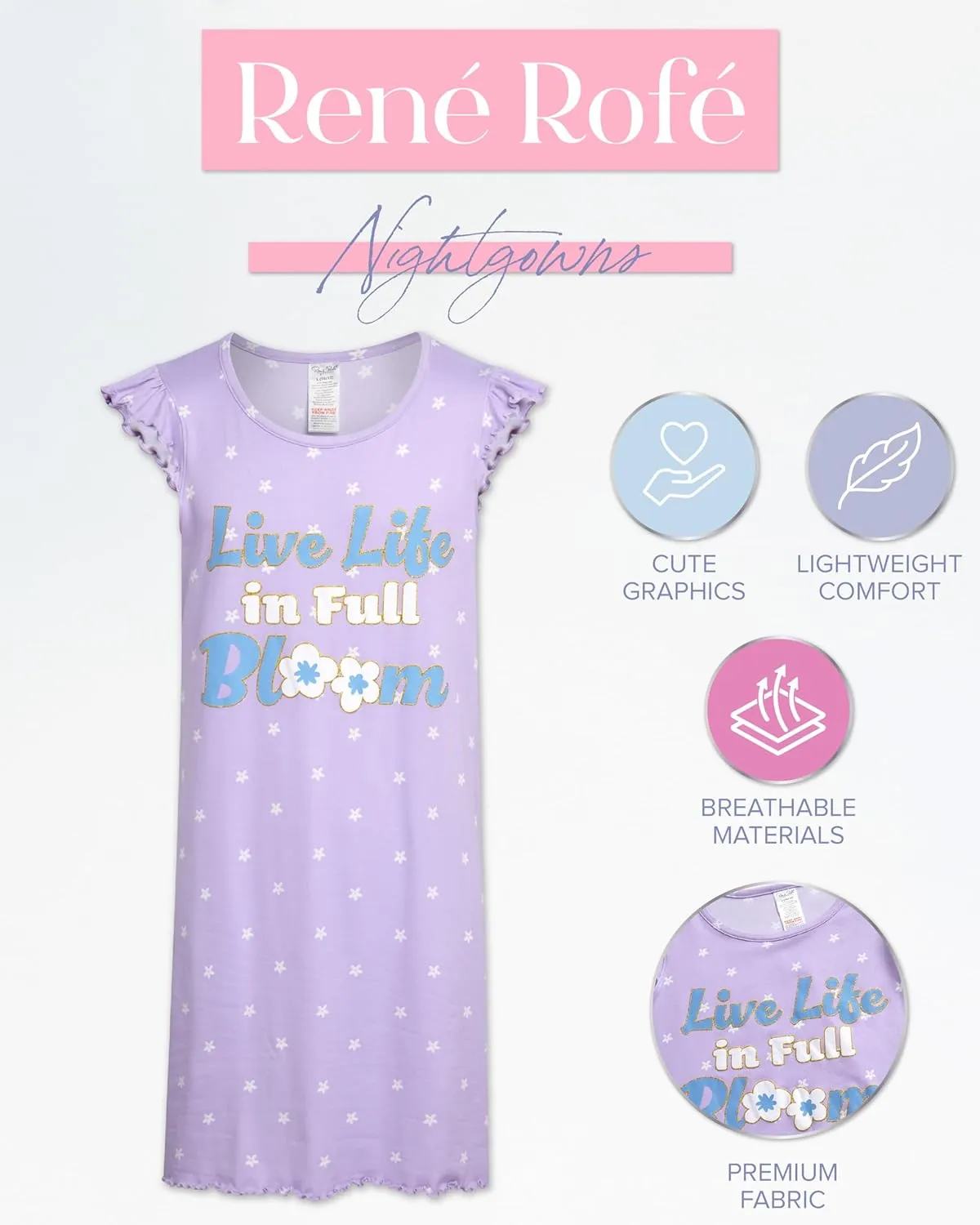 Rene Rofe Girls Pajamas - 2-Pack Lightweight Breathable Polyester Nightgowns with Cute Graphics - Sleepwear for Girls
