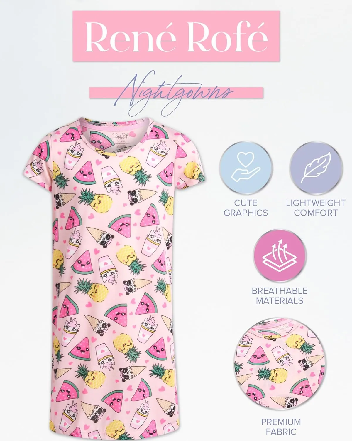 Rene Rofe Girls' Pajamas - 4-Pack Lightweight Breathable Polyester Nightgowns with Cute Graphics - Sleepwear for Girls