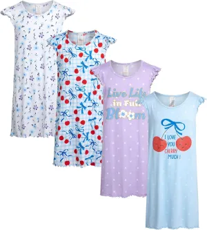 Rene Rofe Girls' Pajamas - 4-Pack Lightweight Breathable Polyester Nightgowns with Cute Graphics - Sleepwear for Girls