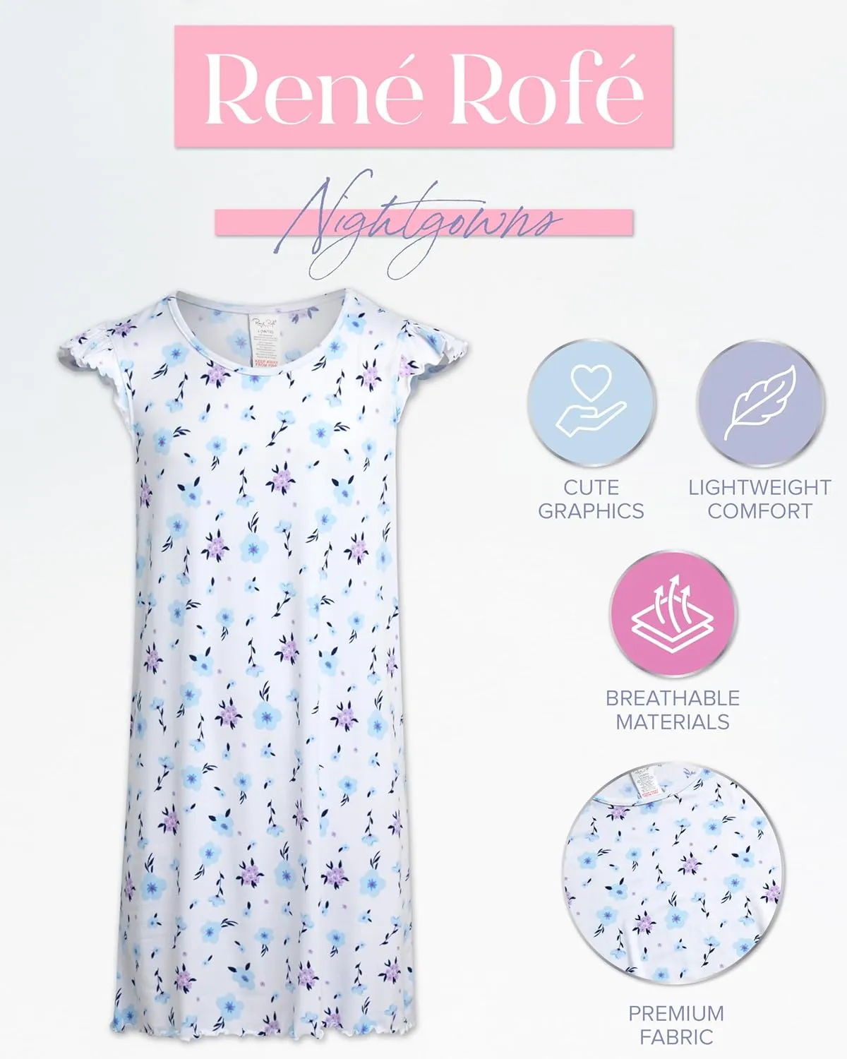 Rene Rofe Girls' Pajamas - 4-Pack Lightweight Breathable Polyester Nightgowns with Cute Graphics - Sleepwear for Girls