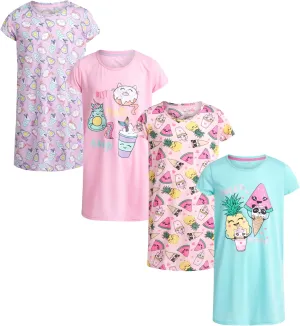 Rene Rofe Girls' Pajamas - 4-Pack Lightweight Breathable Polyester Nightgowns with Cute Graphics - Sleepwear for Girls