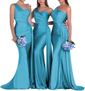 Satin Bridesmaid Dresses for Women Long Ruched Formal Dresses One Shoulder Prom Dresses KM334