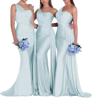Satin Bridesmaid Dresses for Women Long Ruched Formal Dresses One Shoulder Prom Dresses KM334