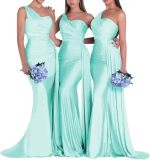 Satin Bridesmaid Dresses for Women Long Ruched Formal Dresses One Shoulder Prom Dresses KM334