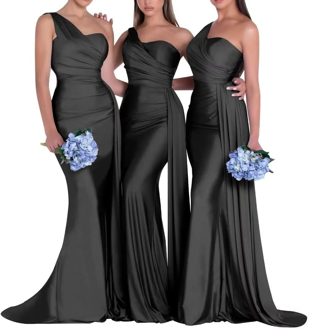 Satin Bridesmaid Dresses for Women Long Ruched Formal Dresses One Shoulder Prom Dresses KM334