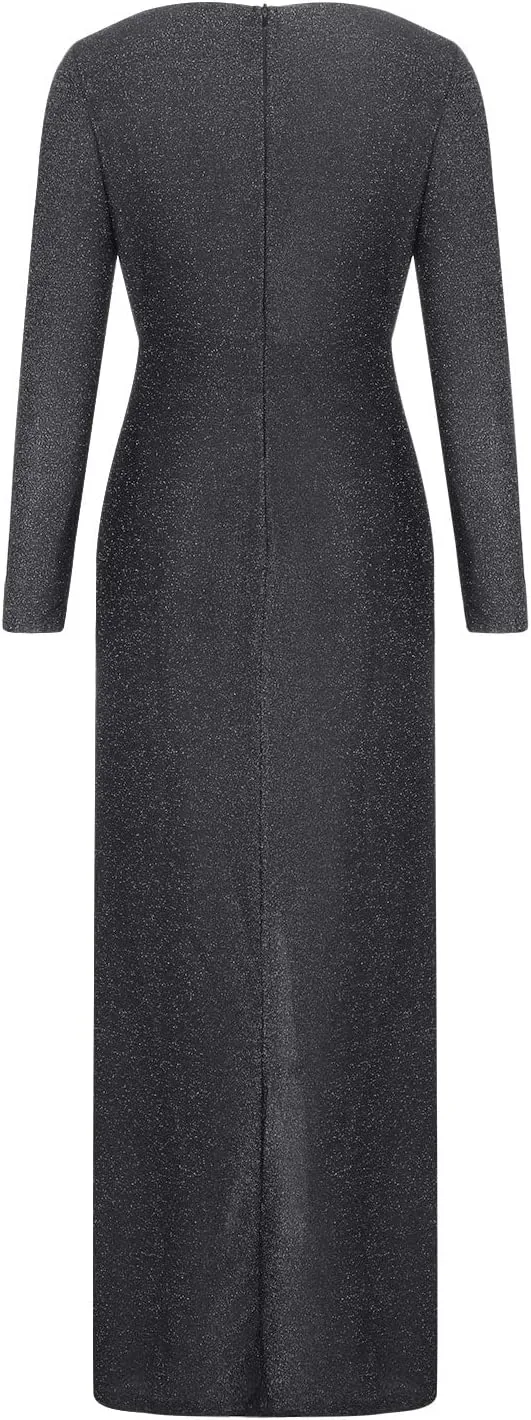 Sequin Formal Dress for Women Sparkle Evening Gowns Split Hem Long Dresses Sheer Lantern Long Sleeve Maxi Dress