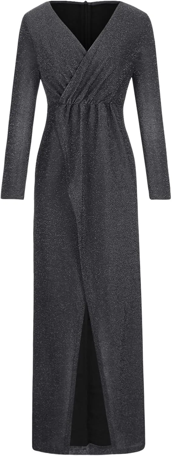 Sequin Formal Dress for Women Sparkle Evening Gowns Split Hem Long Dresses Sheer Lantern Long Sleeve Maxi Dress