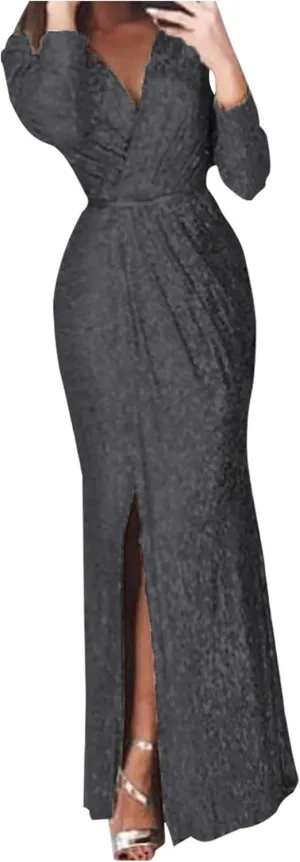 Sequin Formal Dress for Women Sparkle Evening Gowns Split Hem Long Dresses Sheer Lantern Long Sleeve Maxi Dress
