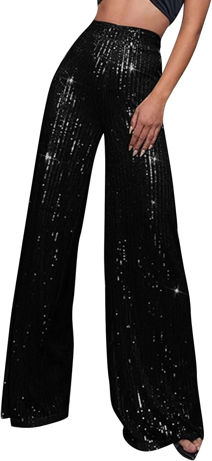 Sequin Pants Women Fashion High Waist Pant Sparkly Wide Leg Trousers Elastic Loose Side Zipper Shiny Pants
