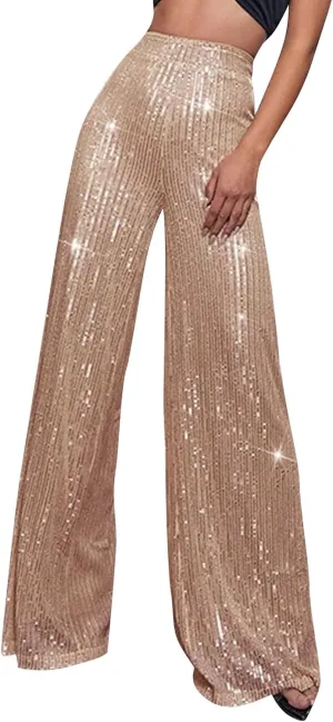 Sequin Pants Women Fashion High Waist Pant Sparkly Wide Leg Trousers Elastic Loose Side Zipper Shiny Pants