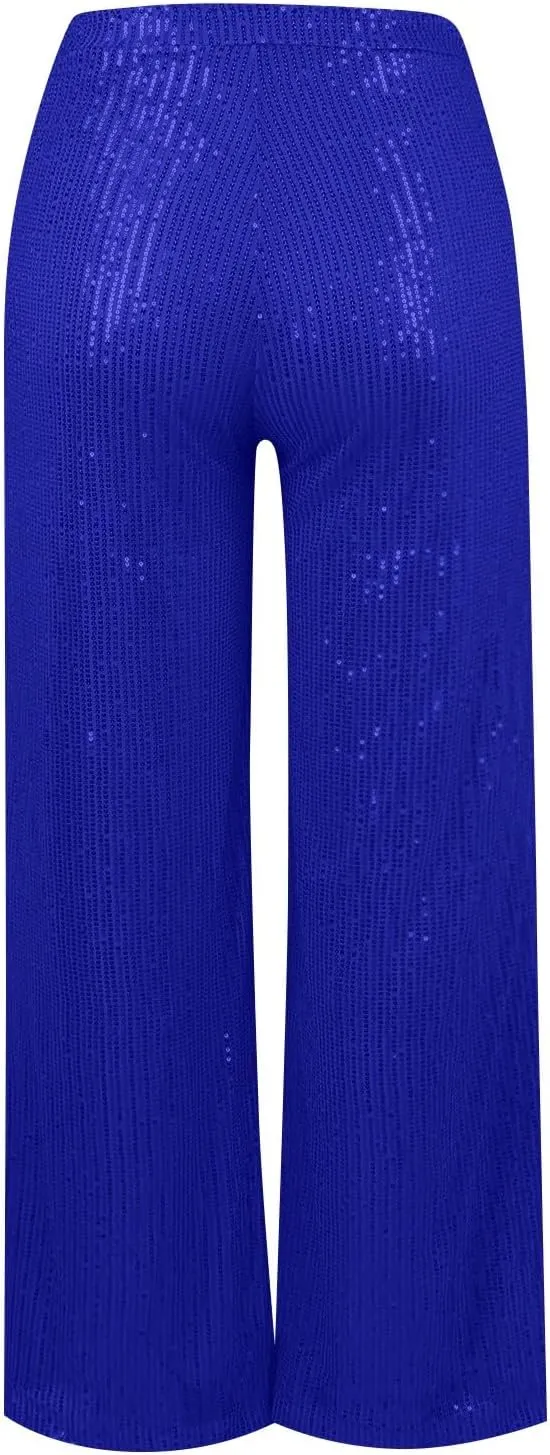 Sequin Pants Women Fashion High Waist Pant Sparkly Wide Leg Trousers Elastic Loose Side Zipper Shiny Pants