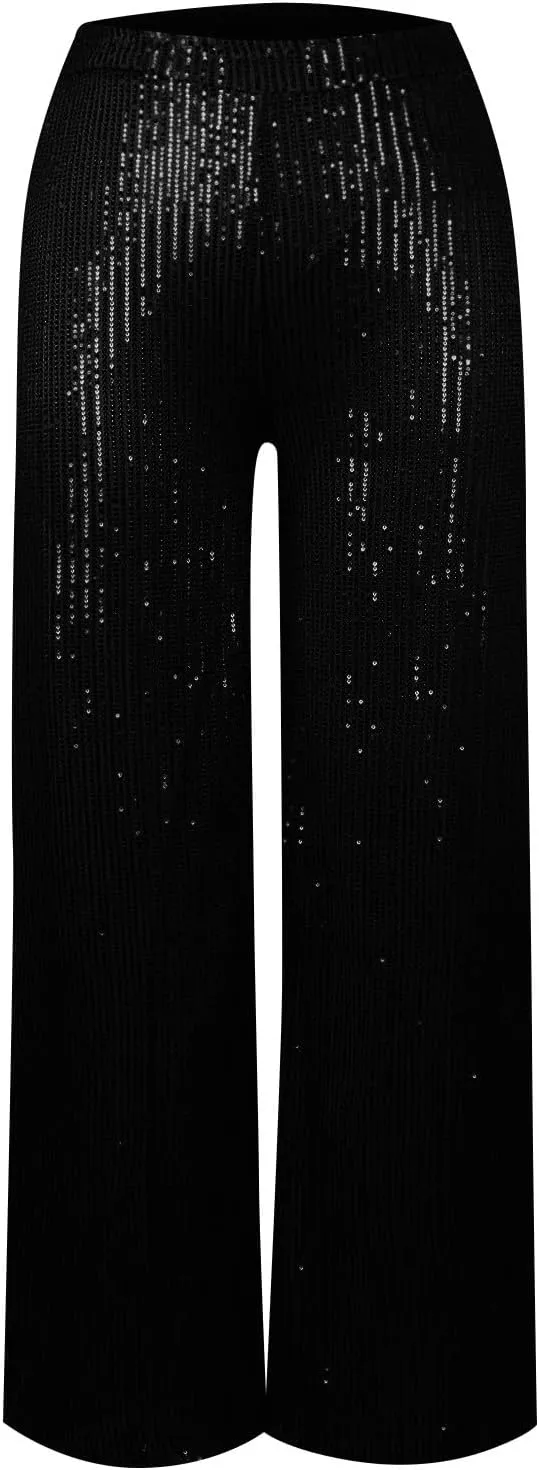 Sequin Pants Women Fashion High Waist Pant Sparkly Wide Leg Trousers Elastic Loose Side Zipper Shiny Pants