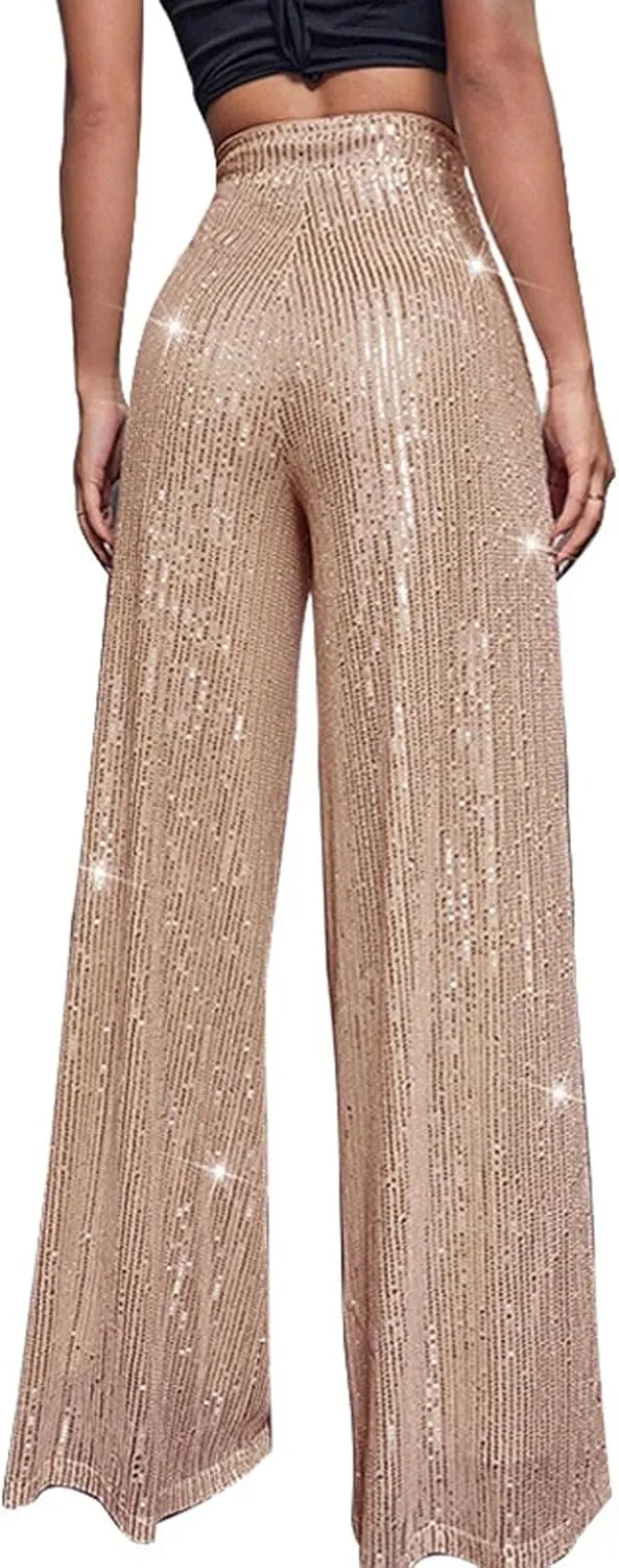 Sequin Pants Women Fashion High Waist Pant Sparkly Wide Leg Trousers Elastic Loose Side Zipper Shiny Pants