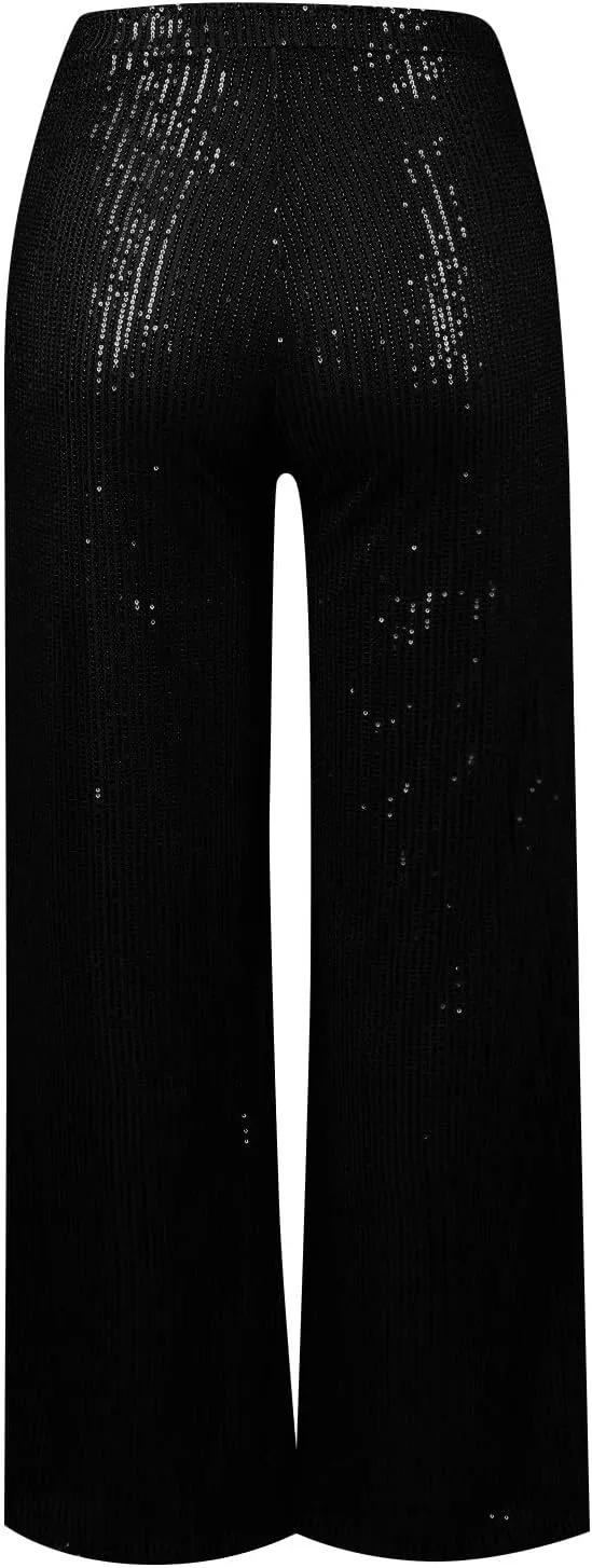 Sequin Pants Women Fashion High Waist Pant Sparkly Wide Leg Trousers Elastic Loose Side Zipper Shiny Pants