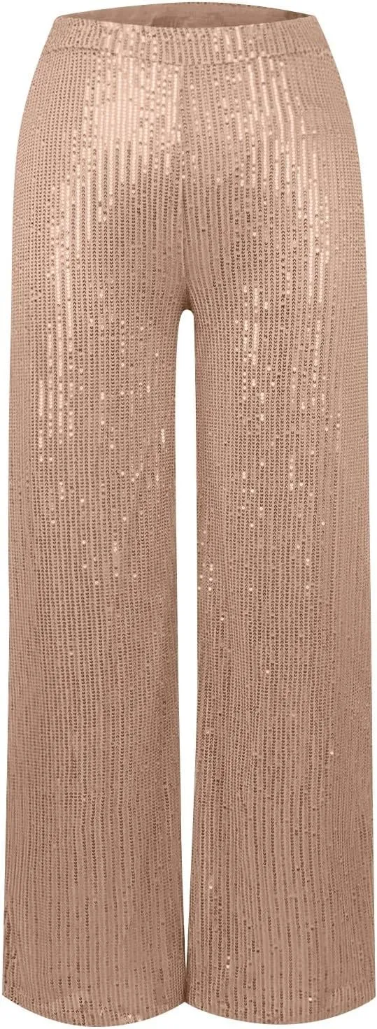 Sequin Pants Women Fashion High Waist Pant Sparkly Wide Leg Trousers Elastic Loose Side Zipper Shiny Pants