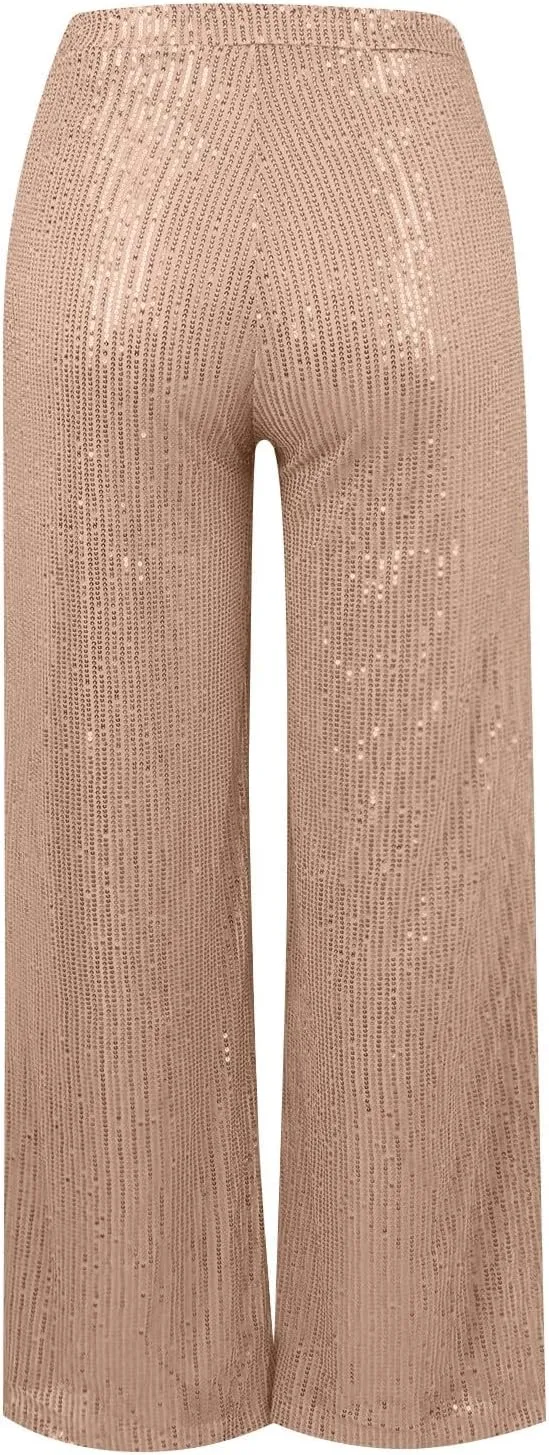 Sequin Pants Women Fashion High Waist Pant Sparkly Wide Leg Trousers Elastic Loose Side Zipper Shiny Pants