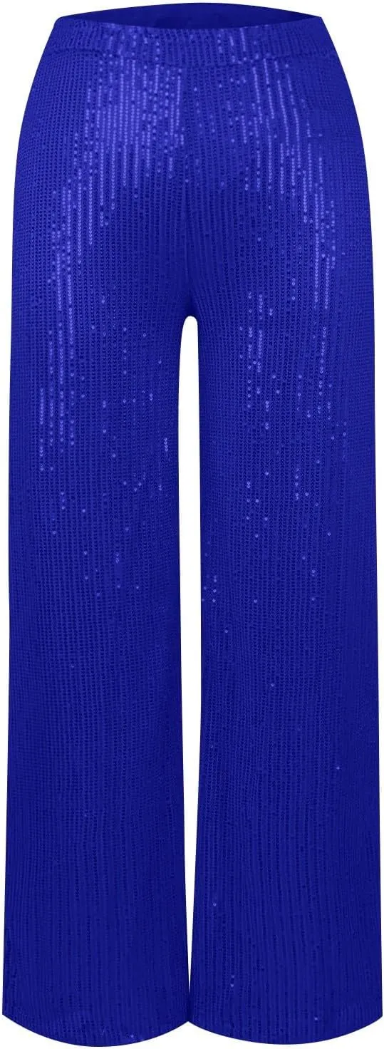 Sequin Pants Women Fashion High Waist Pant Sparkly Wide Leg Trousers Elastic Loose Side Zipper Shiny Pants